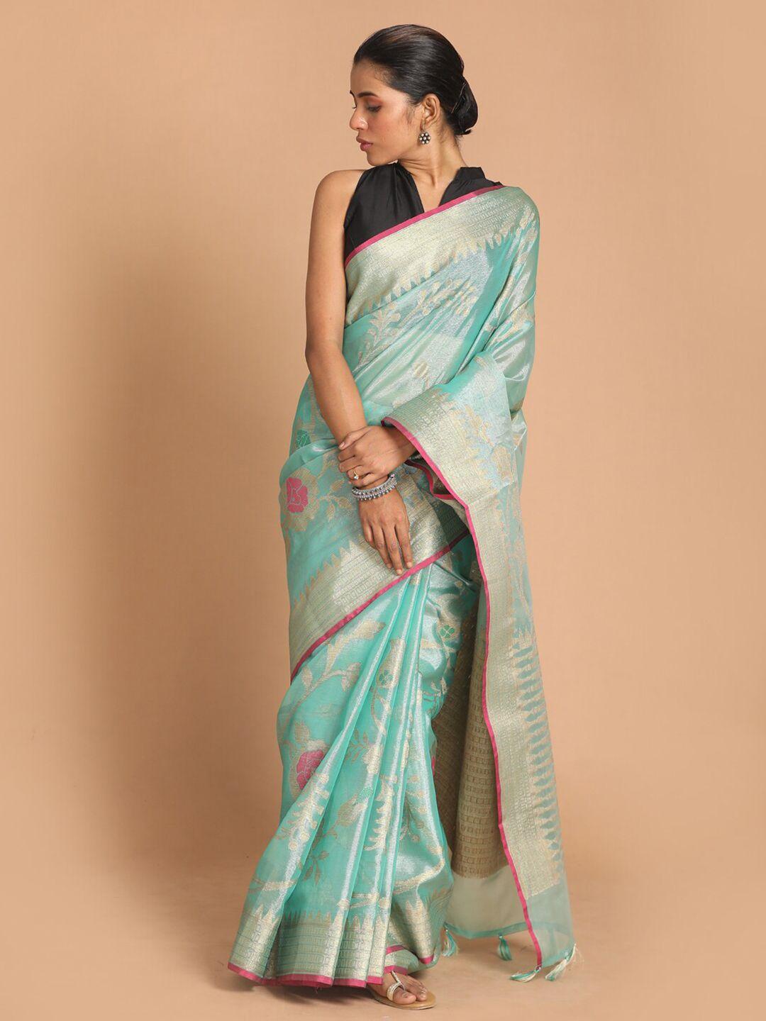 indethnic sea green & gold floral tissue banarasi saree