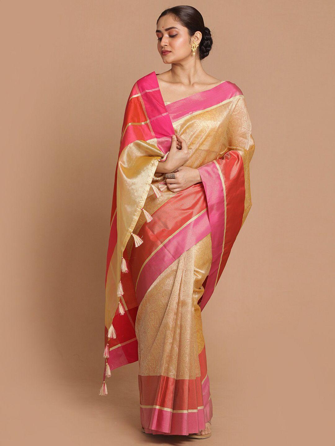 indethnic silver-toned & pink paisley zari banarasi saree