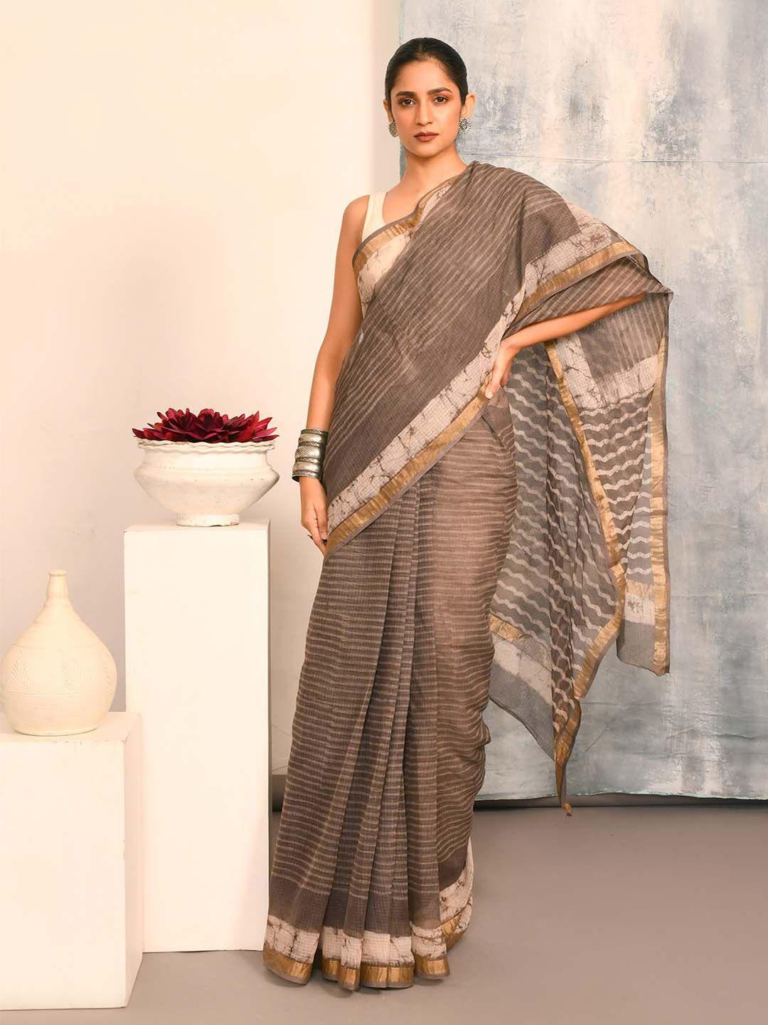 indethnic striped zari silk cotton bagru saree