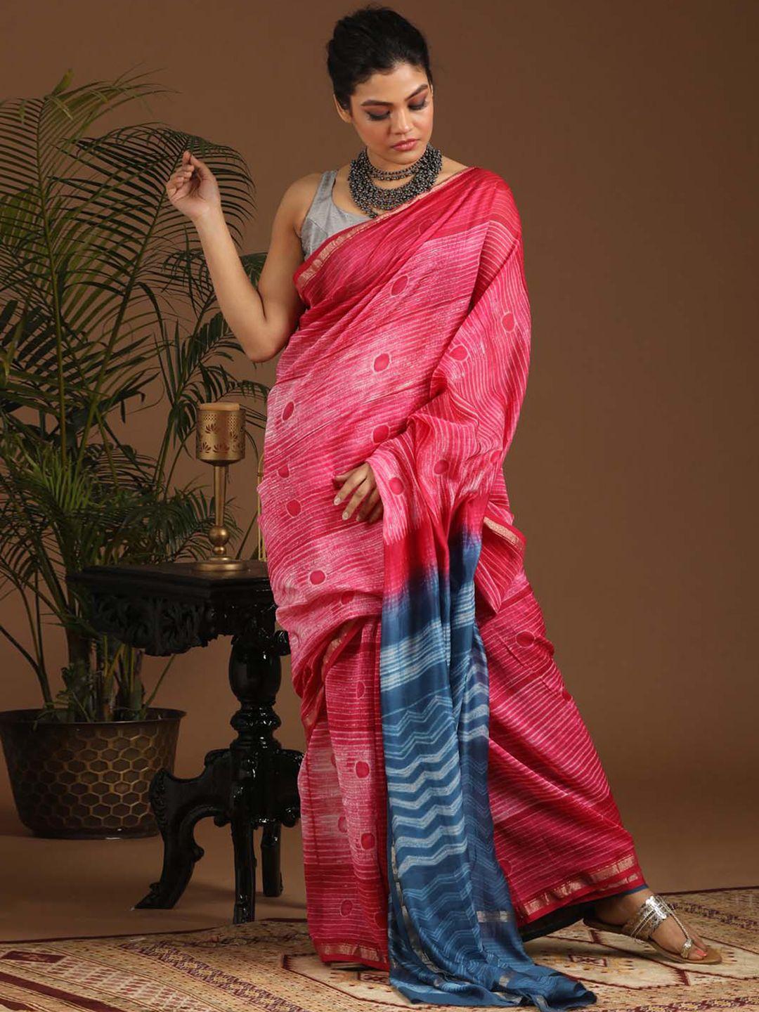 indethnic striped zari silk cotton chanderi saree