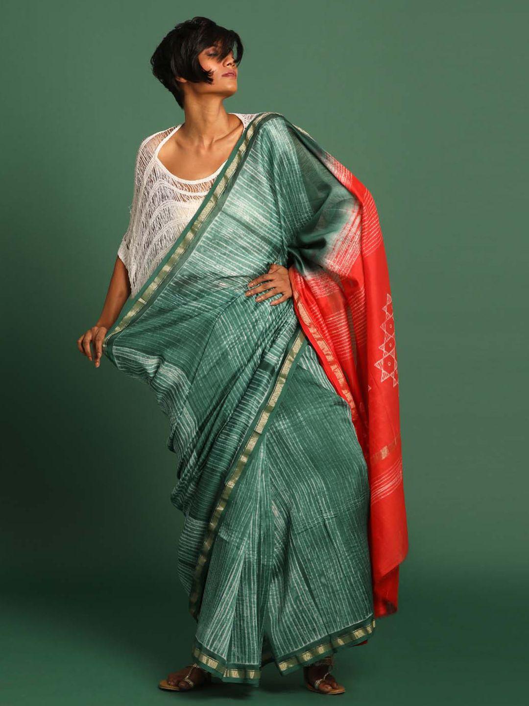 indethnic striped zari silk cotton chanderi saree