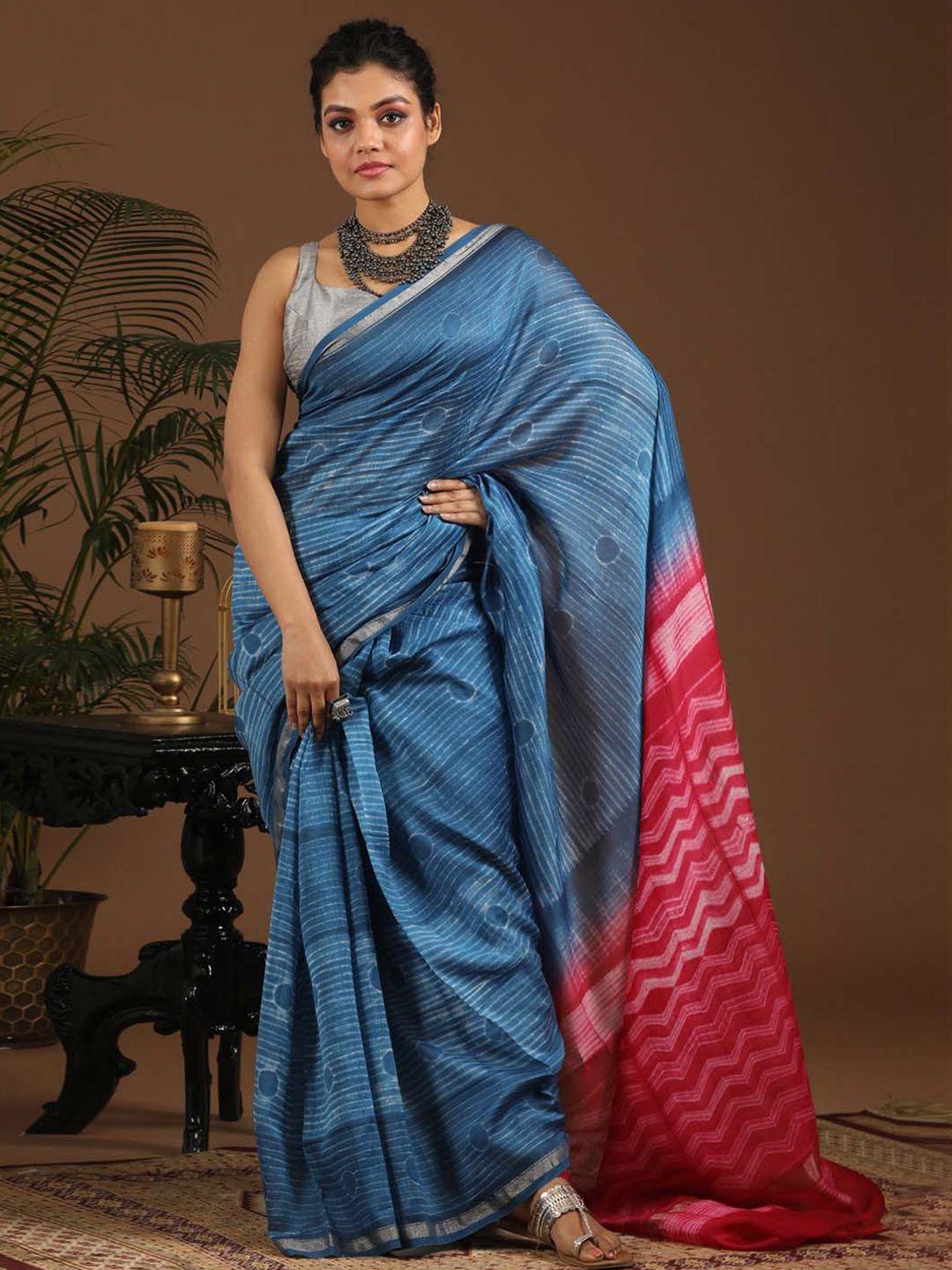 indethnic striped zari silk cotton chanderi saree