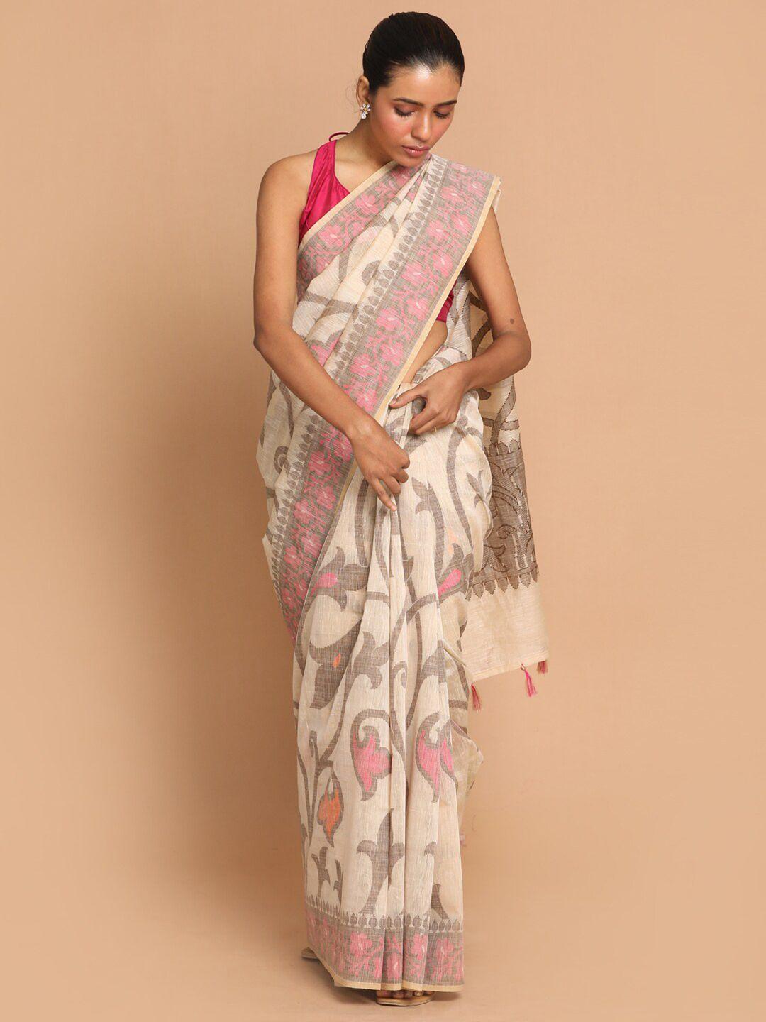 indethnic tan & pink floral linen blend banarasi saree