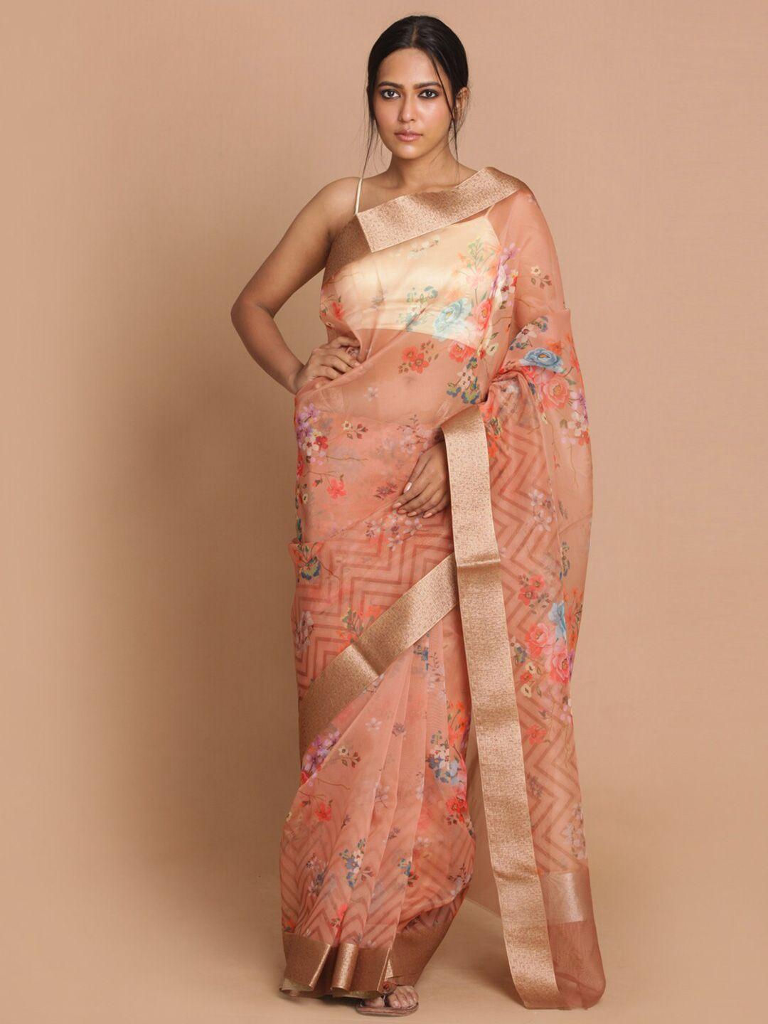 indethnic tan floral organza banarasi saree