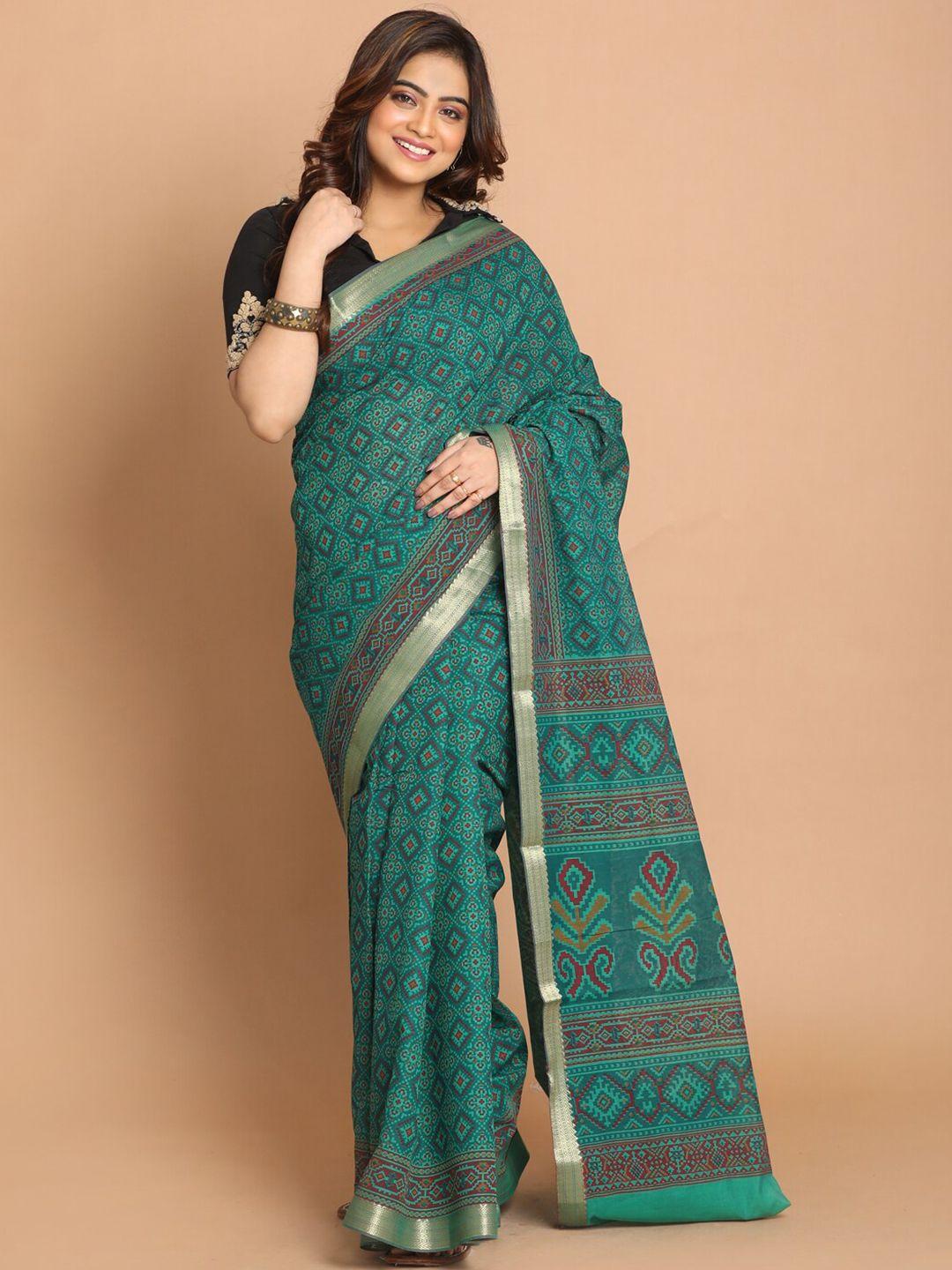 indethnic teal & gold-toned bandhani zari border saree