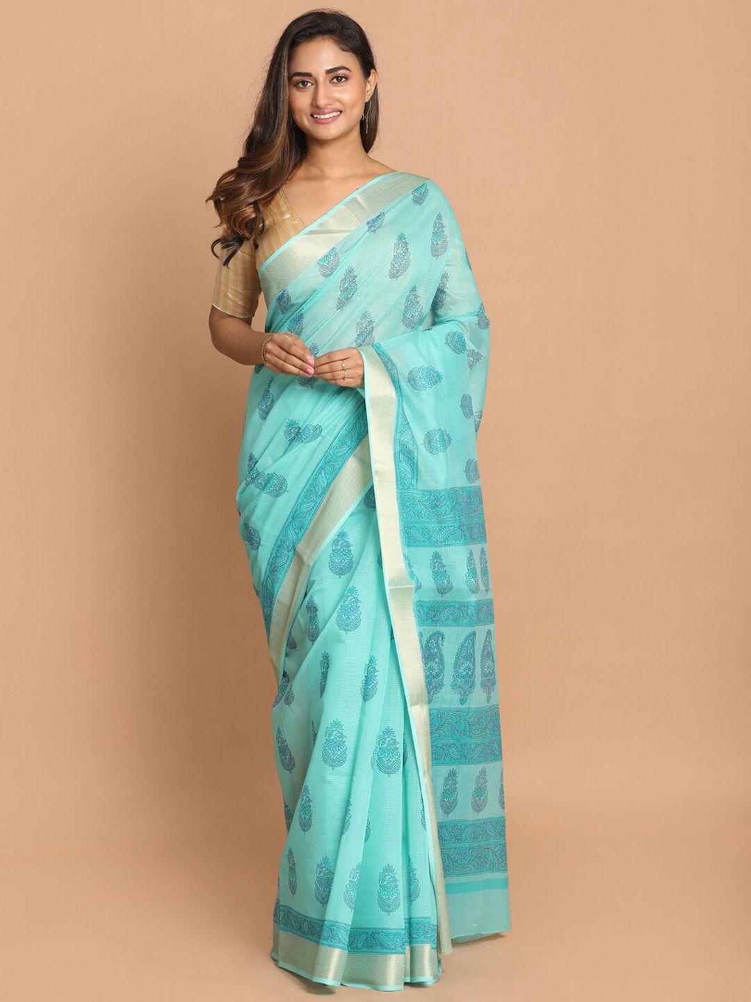 indethnic turquoise blue & gold-toned floral printed zari border saree