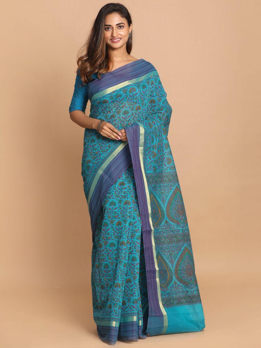 indethnic turquoise blue & mustard ethnic motifs saree