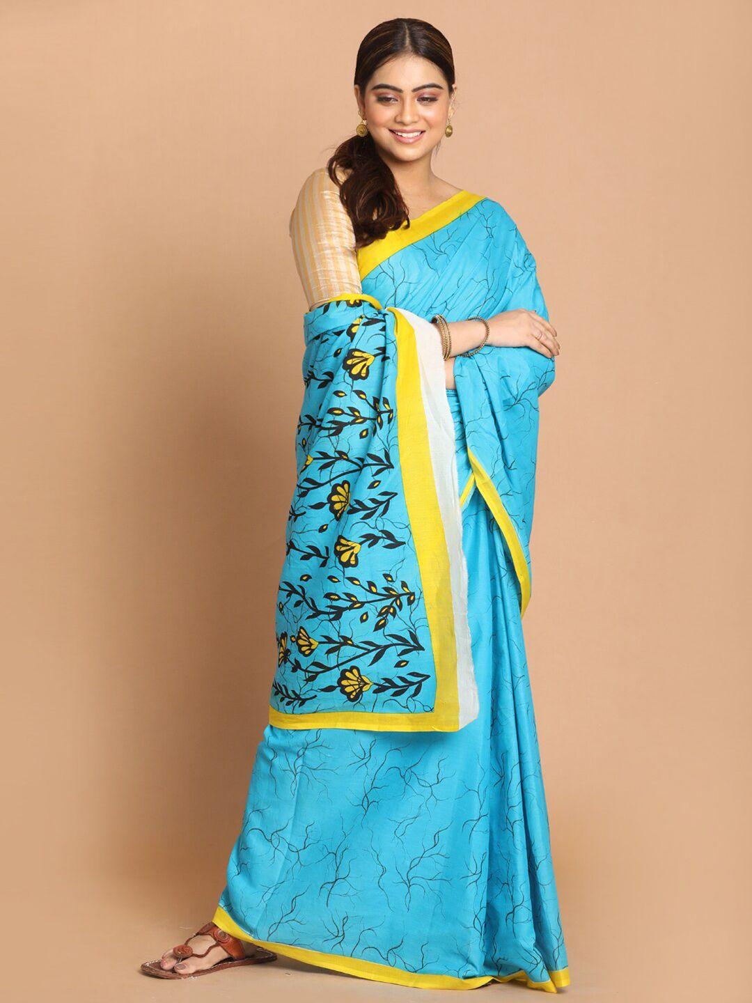 indethnic turquoise blue & yellow floral pure cotton saree