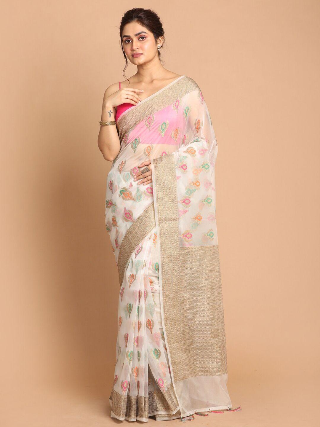 indethnic white & beige floral zari banarasi saree