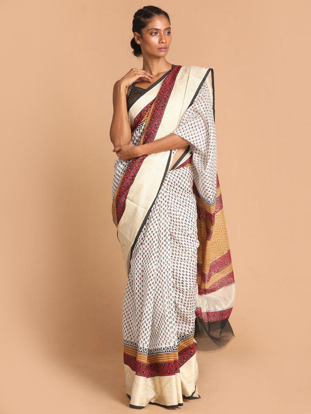 indethnic white & black ethnic motifs zari block print saree