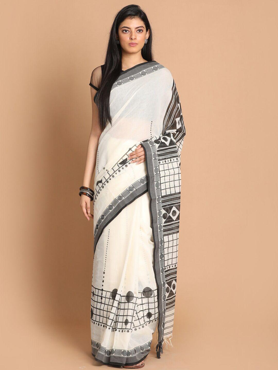 indethnic white & black printed pure cotton saree