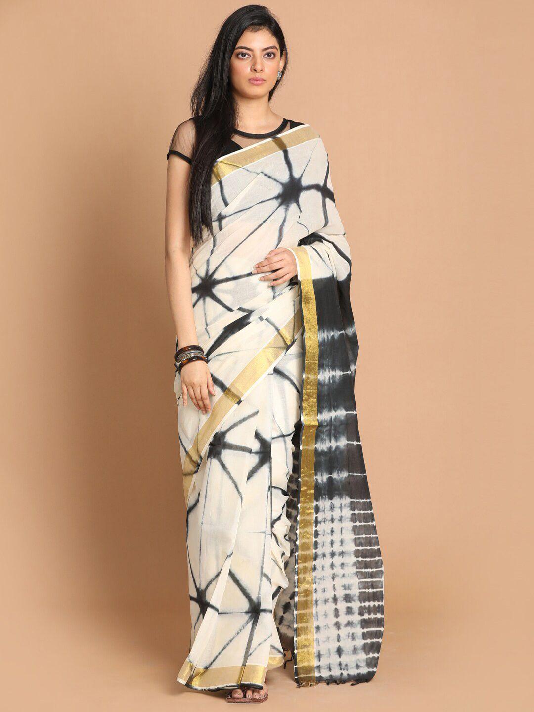 indethnic white & black tie and dye pure cotton saree