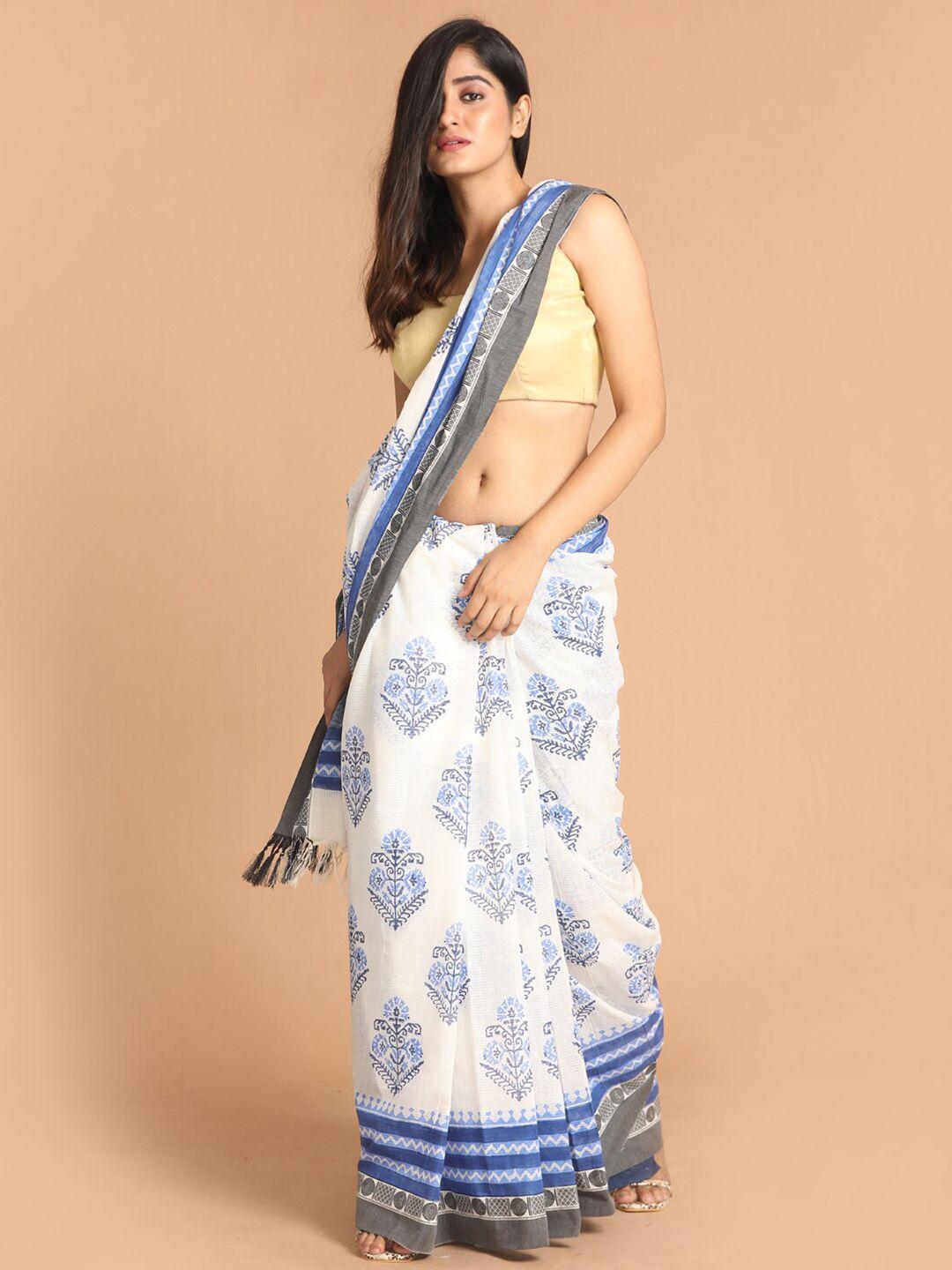 indethnic white & blue ethnic motifs pure cotton block print saree