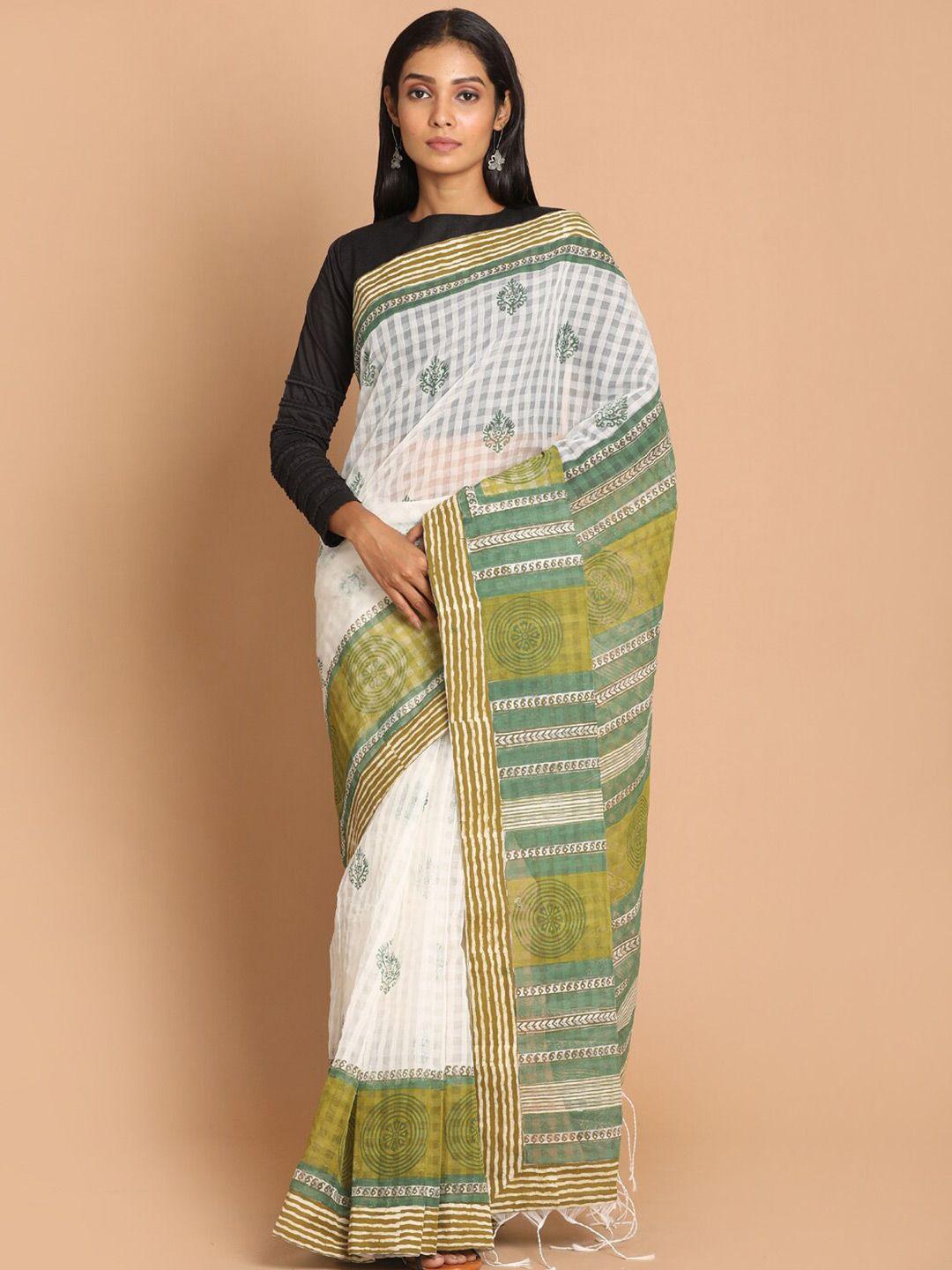 indethnic white & green dabu printed net saree