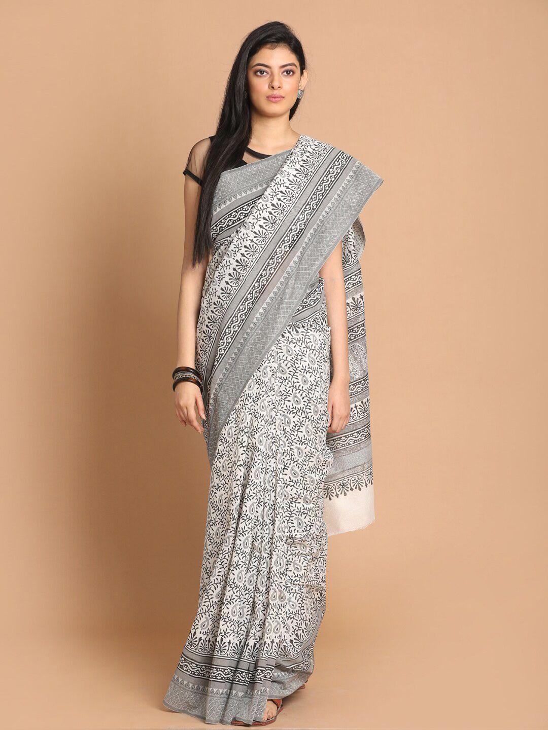indethnic white & grey ethnic motifs net saree
