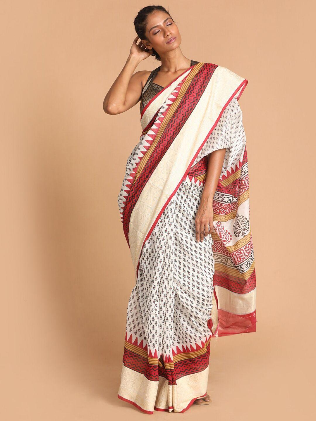 indethnic white & maroon ethnic motifs saree