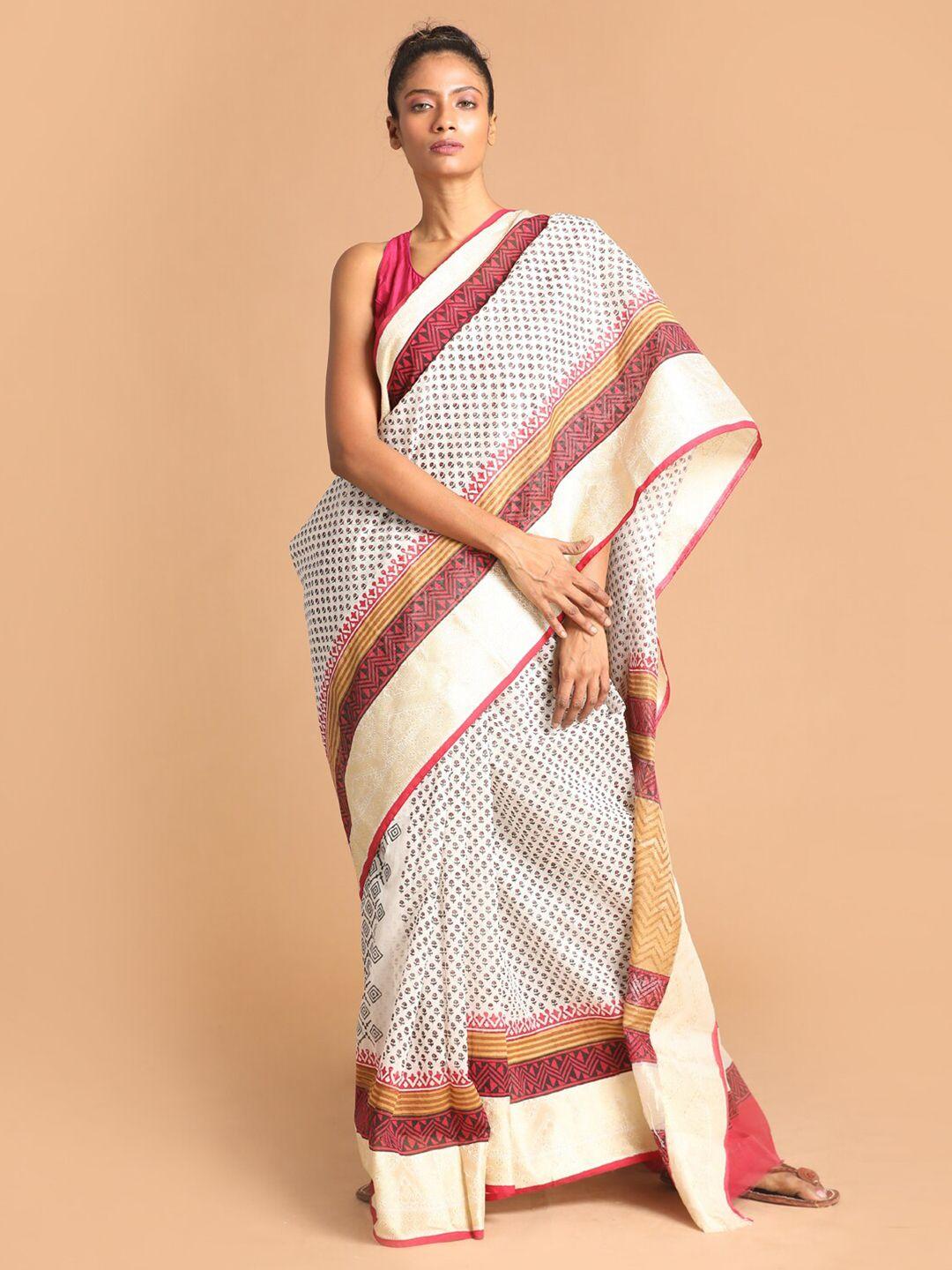 indethnic white & maroon ethnic motifs zari block print saree