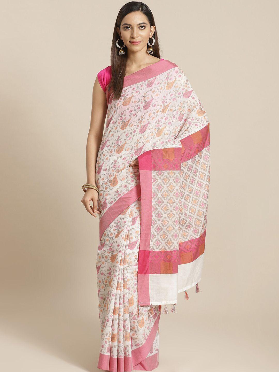 indethnic white & pink floral banarasi saree