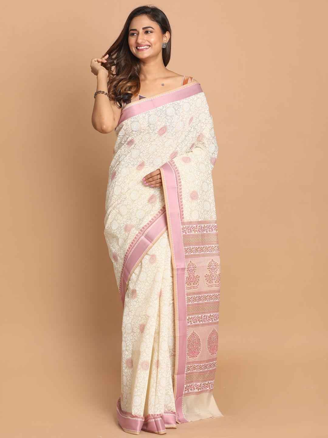 indethnic white & pink floral printed saree