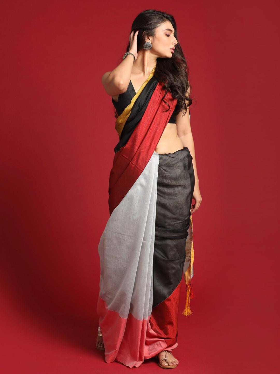 indethnic white & red colourblocked half and half jamdani saree