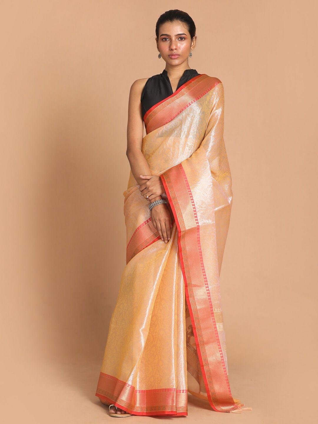 indethnic women beige woven design banarasi saree