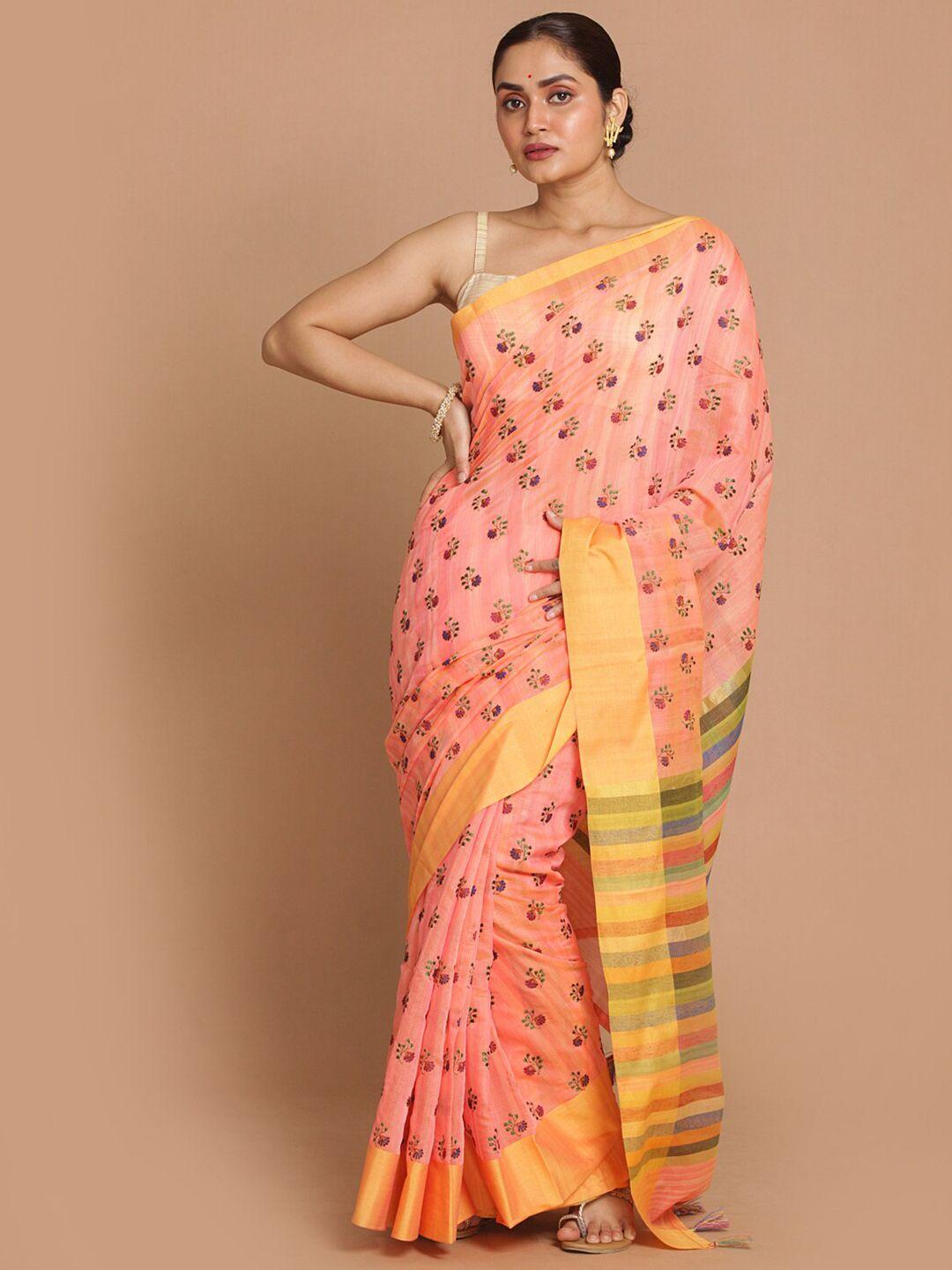 indethnic women coral printed banarasi saree