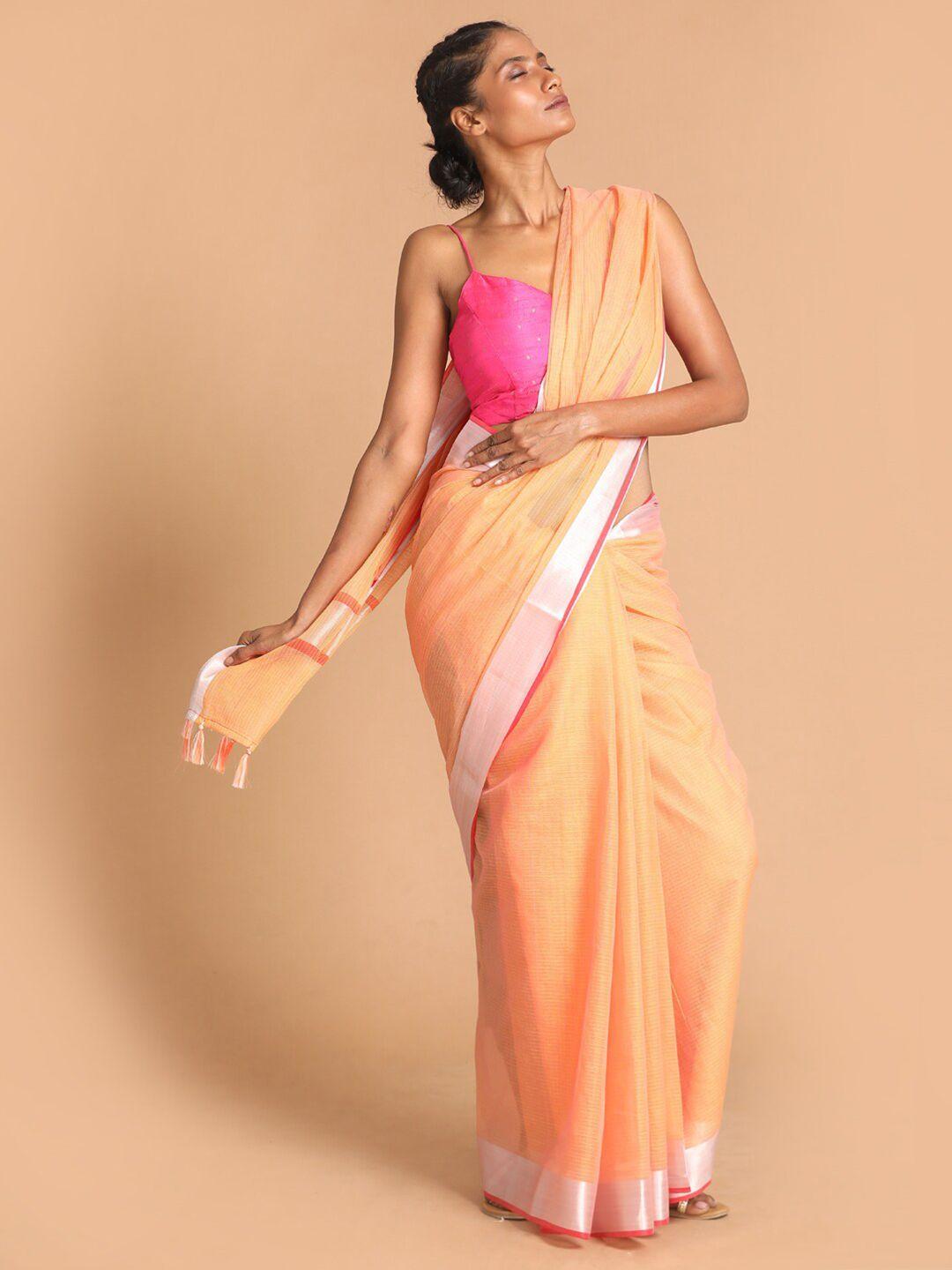 indethnic women coral solid banarasi saree