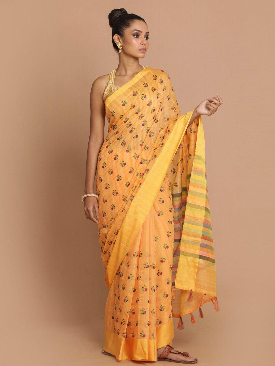 indethnic women mustard woven design banarasi saree