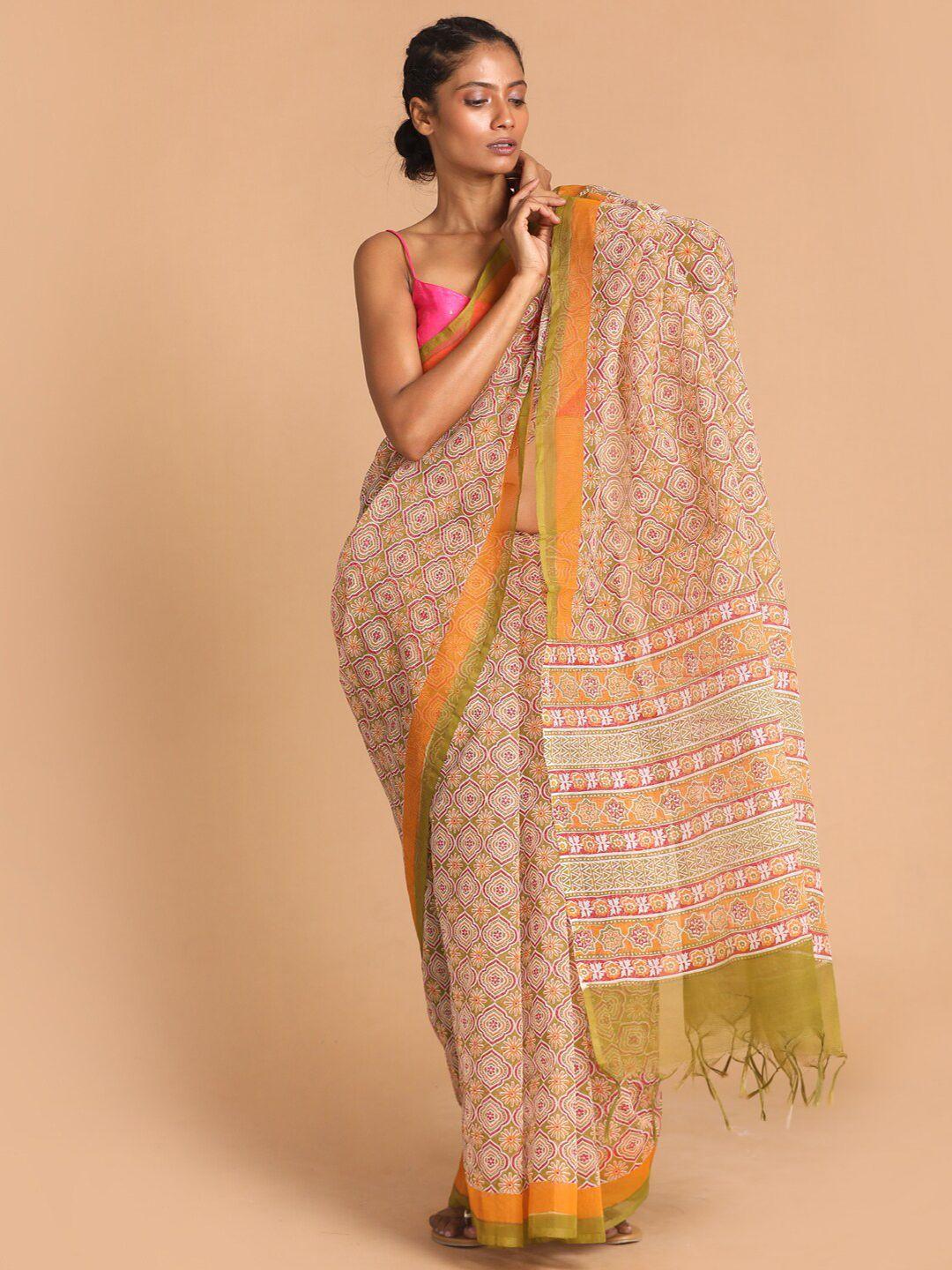 indethnic women olive printed cotton blend saree