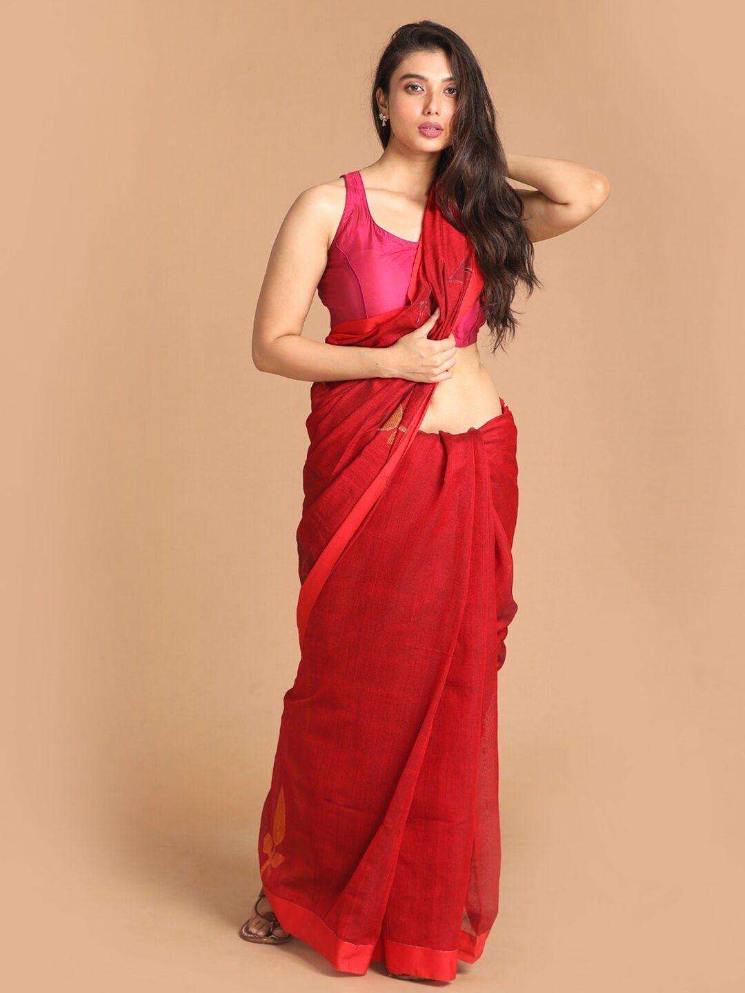 indethnic women red woven design saree