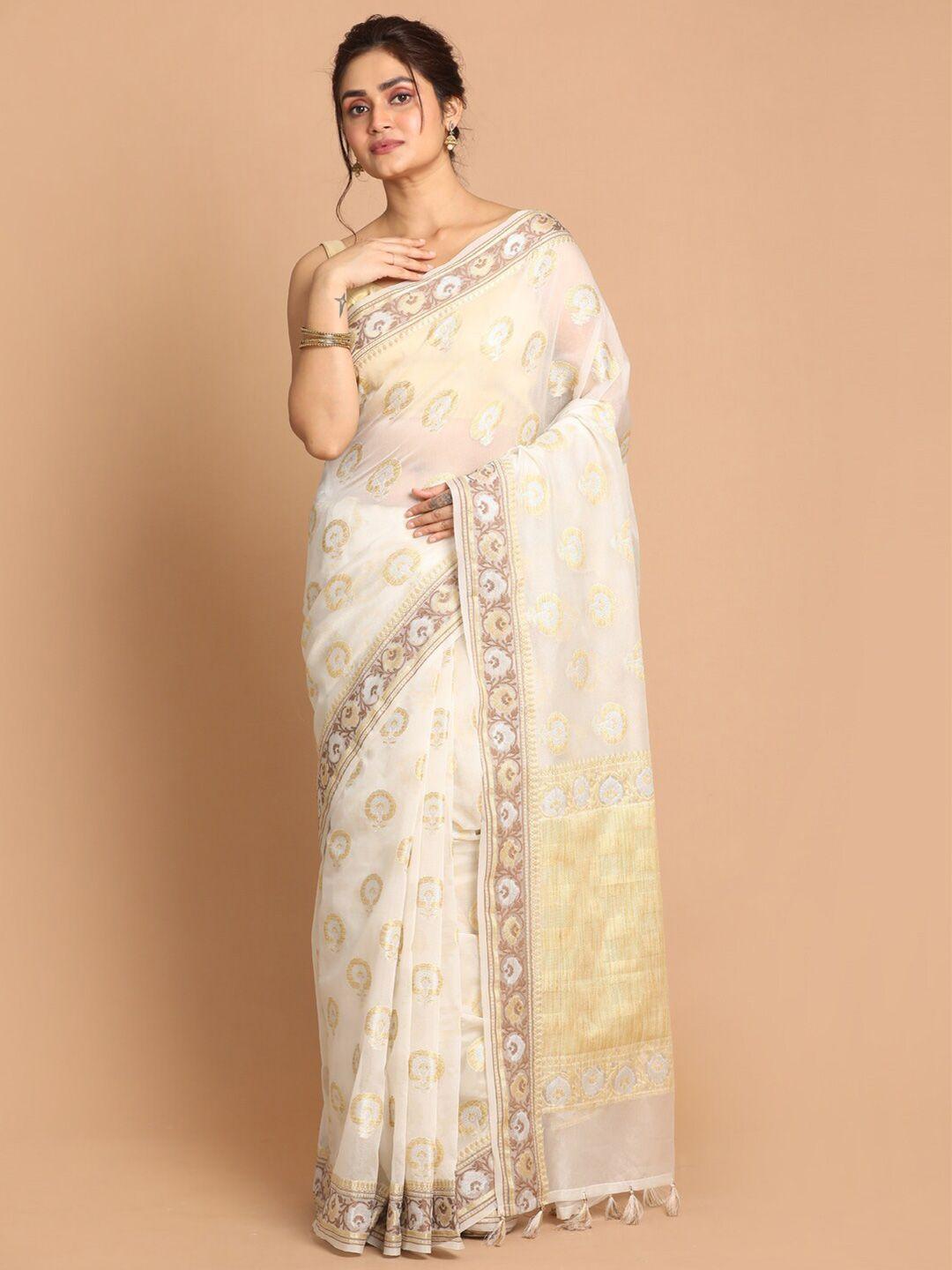 indethnic women white woven banarasi saree