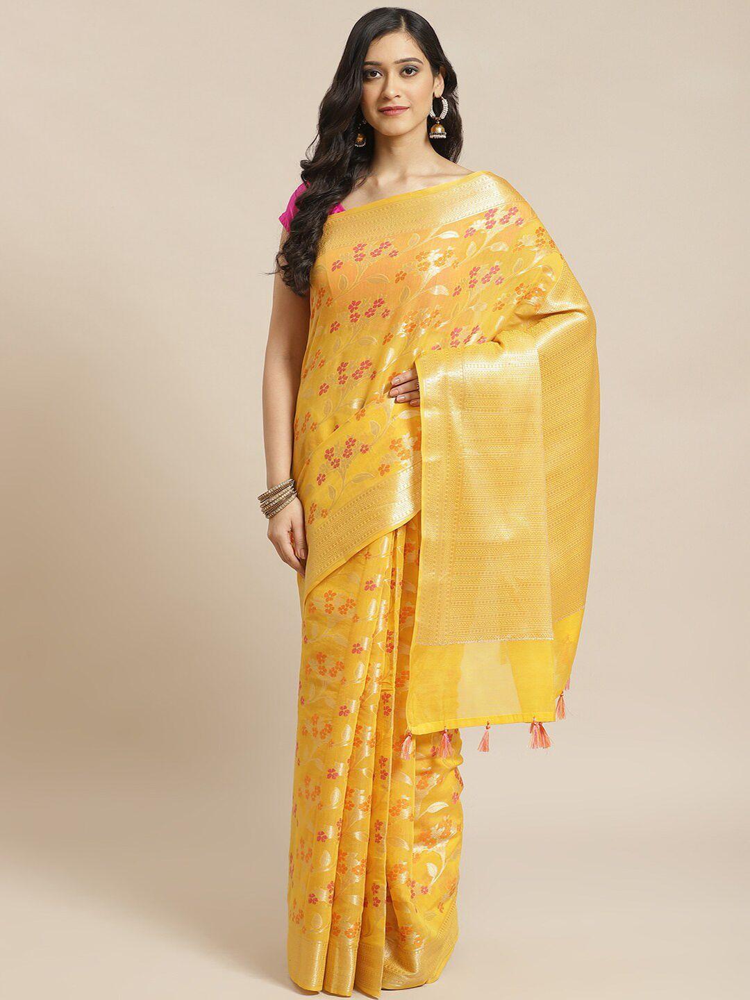 indethnic yellow & gold-toned floral zari banarasi saree