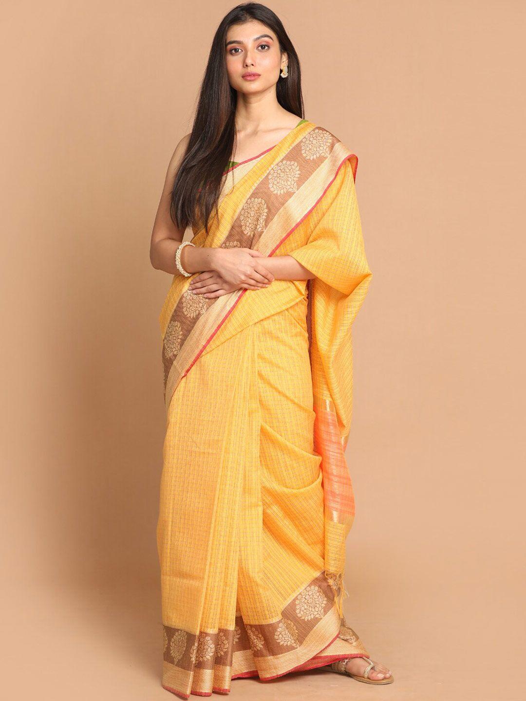 indethnic yellow & pink checked banarasi saree