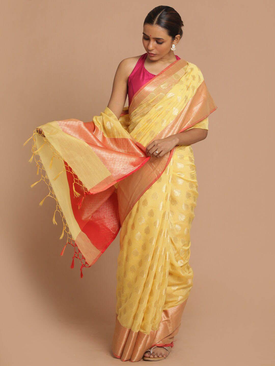 indethnic yellow & pink ethnic motifs zari banarasi saree