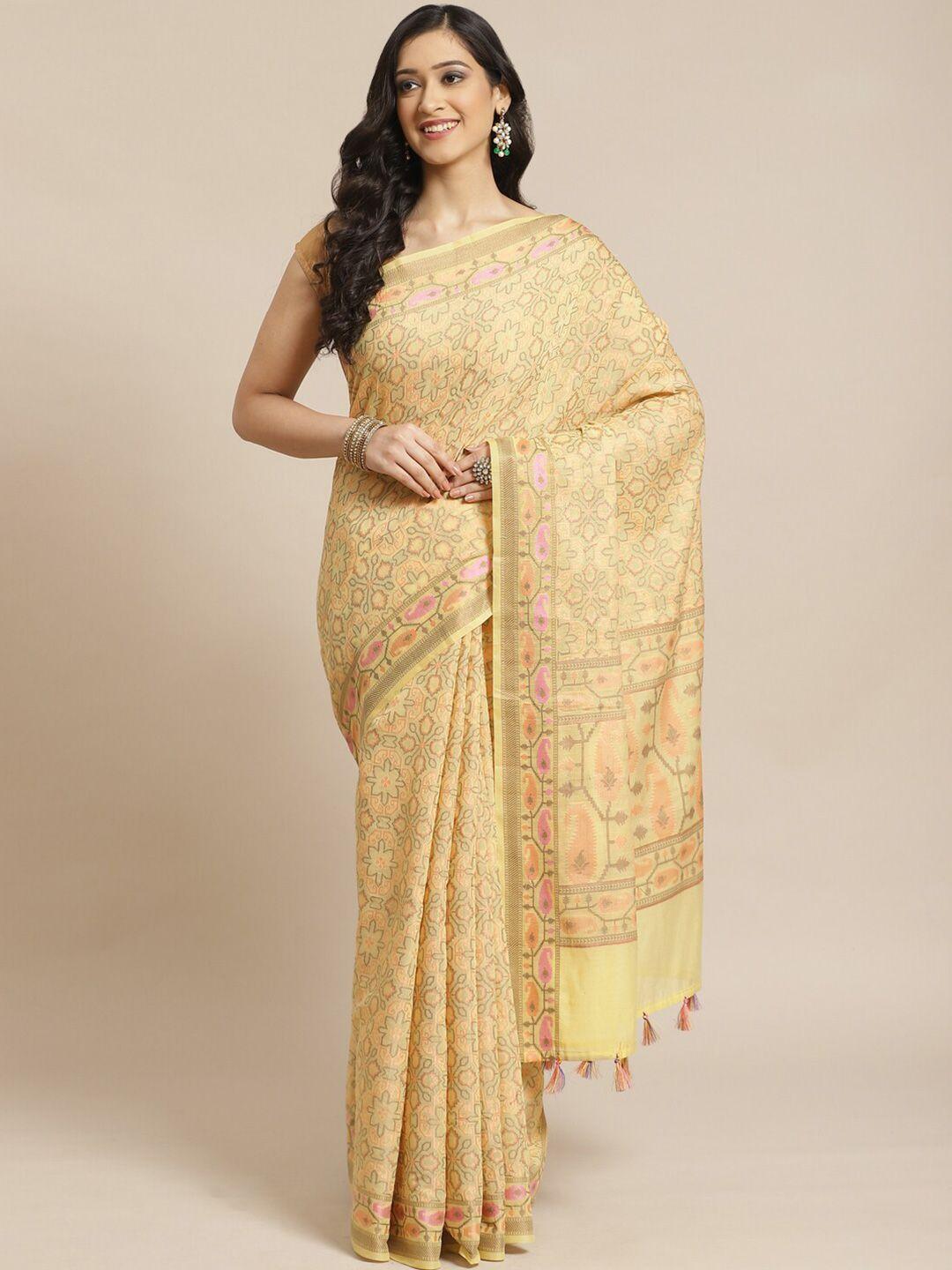 indethnic yellow & pink ethnic motifs zari banarasi saree