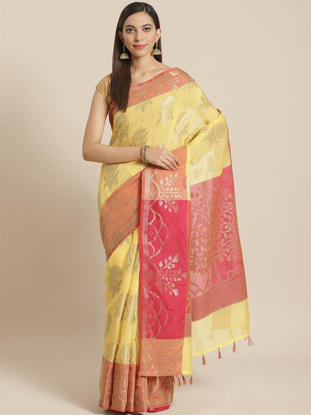 indethnic yellow & pink ethnic motifs zari banarasi saree