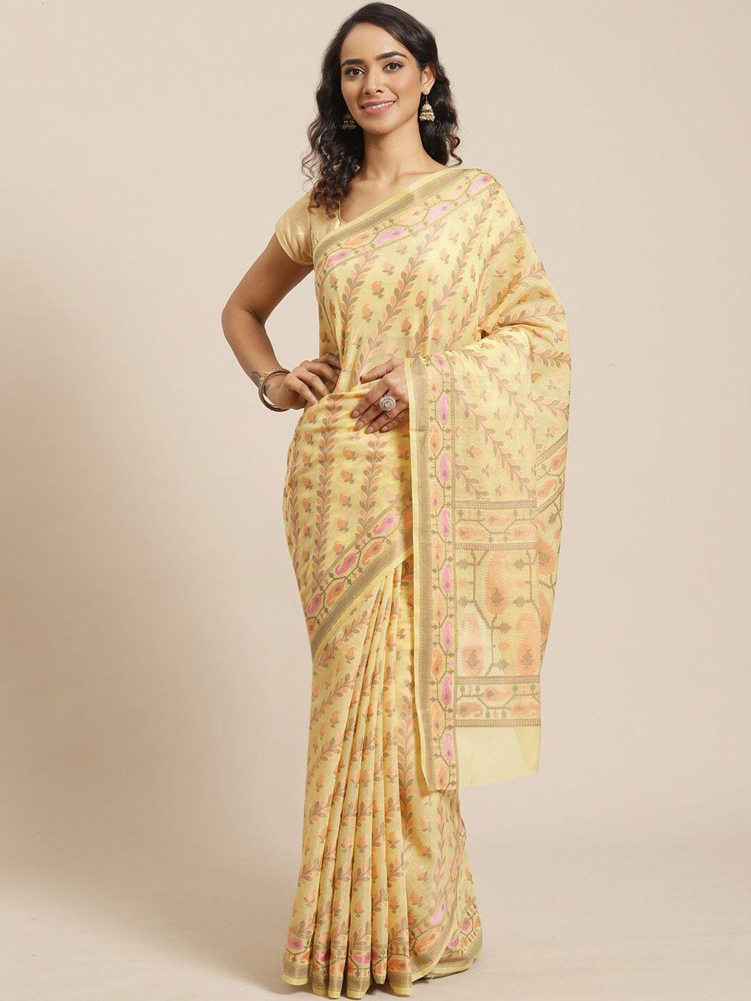 indethnic yellow & pink floral banarasi saree