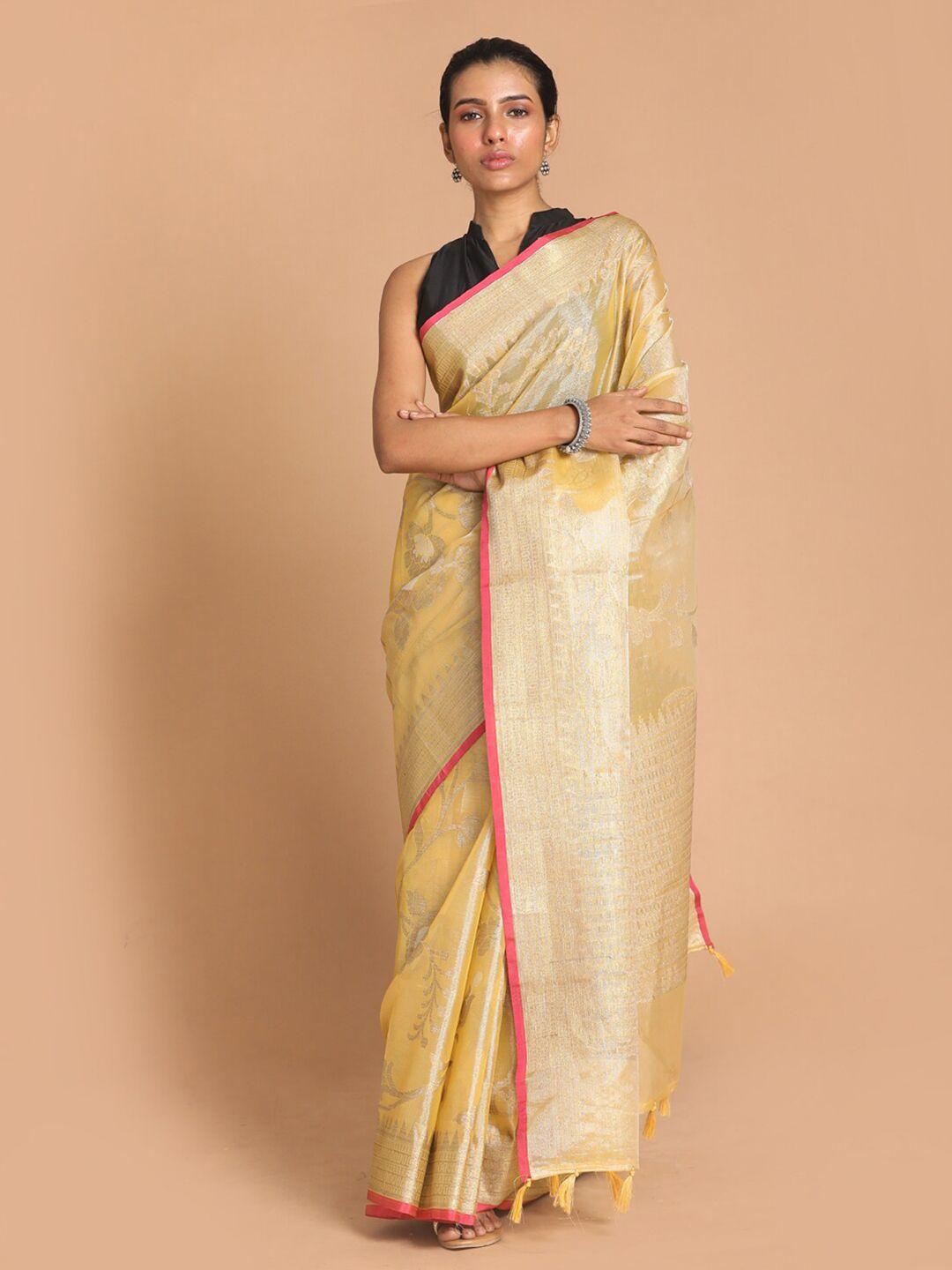 indethnic yellow & pink floral zari tissue banarasi saree