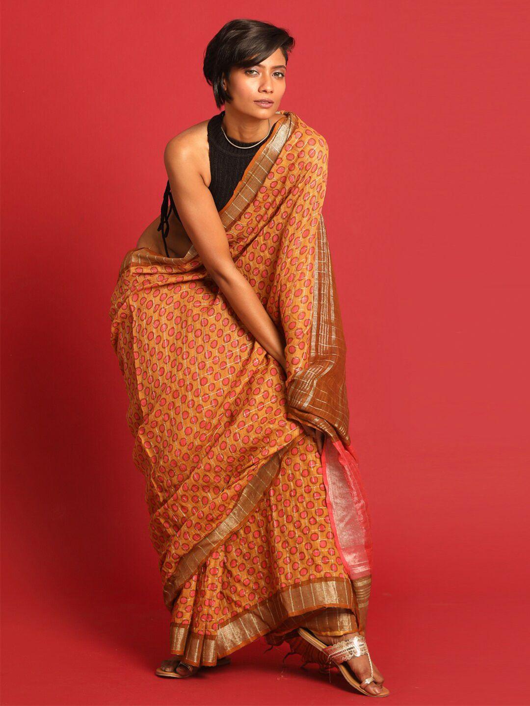 indethnic yellow & pink handloom bhagalpuri saree