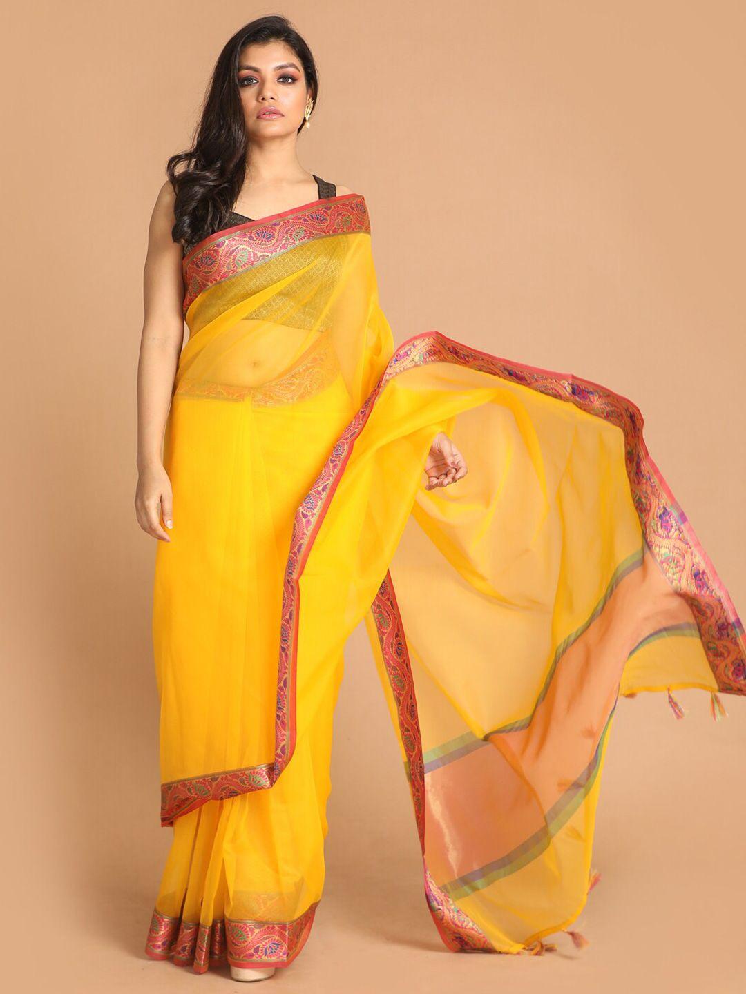 indethnic yellow & pink tissue banarasi saree