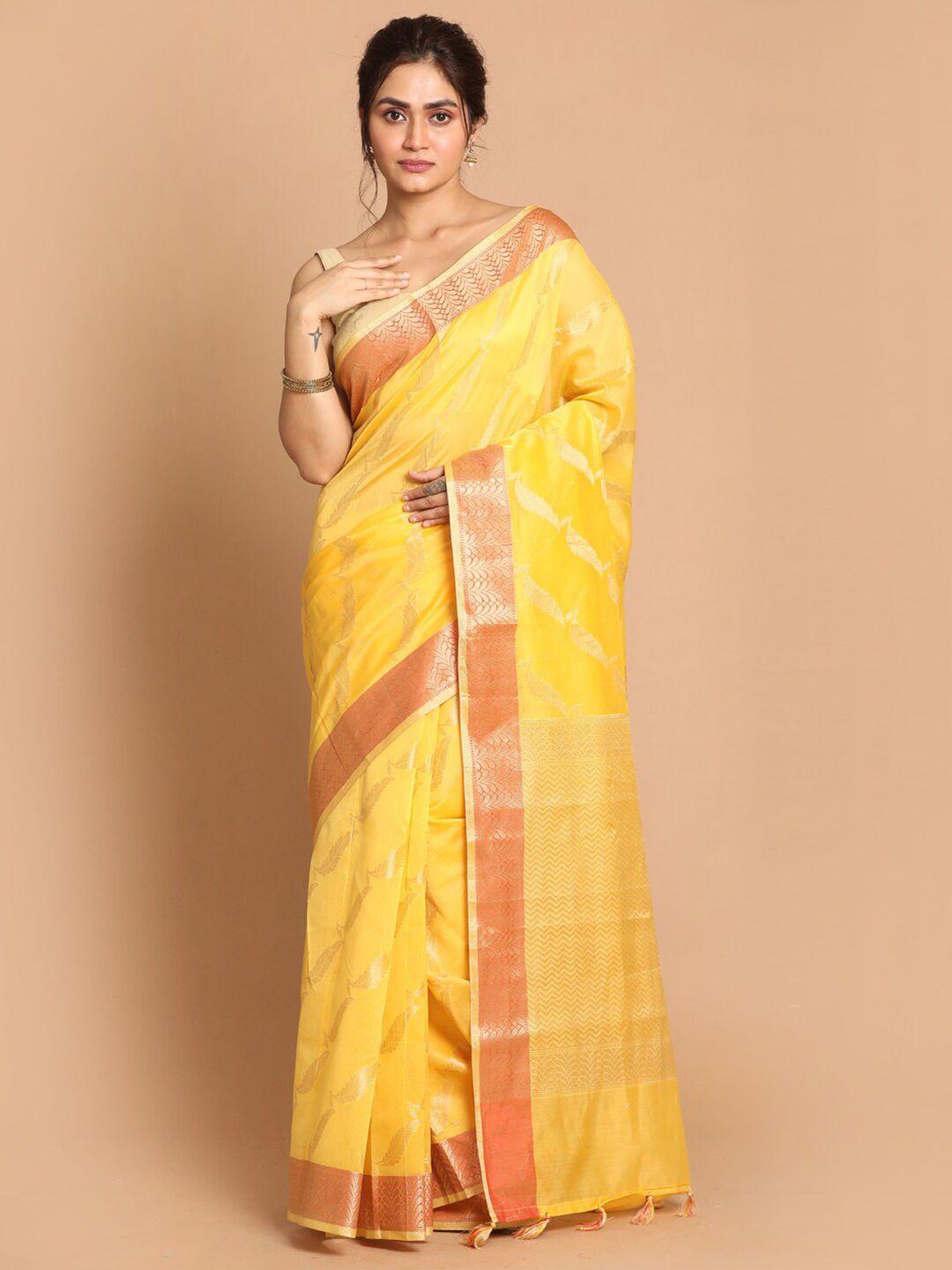 indethnic yellow & red floral zari banarasi saree