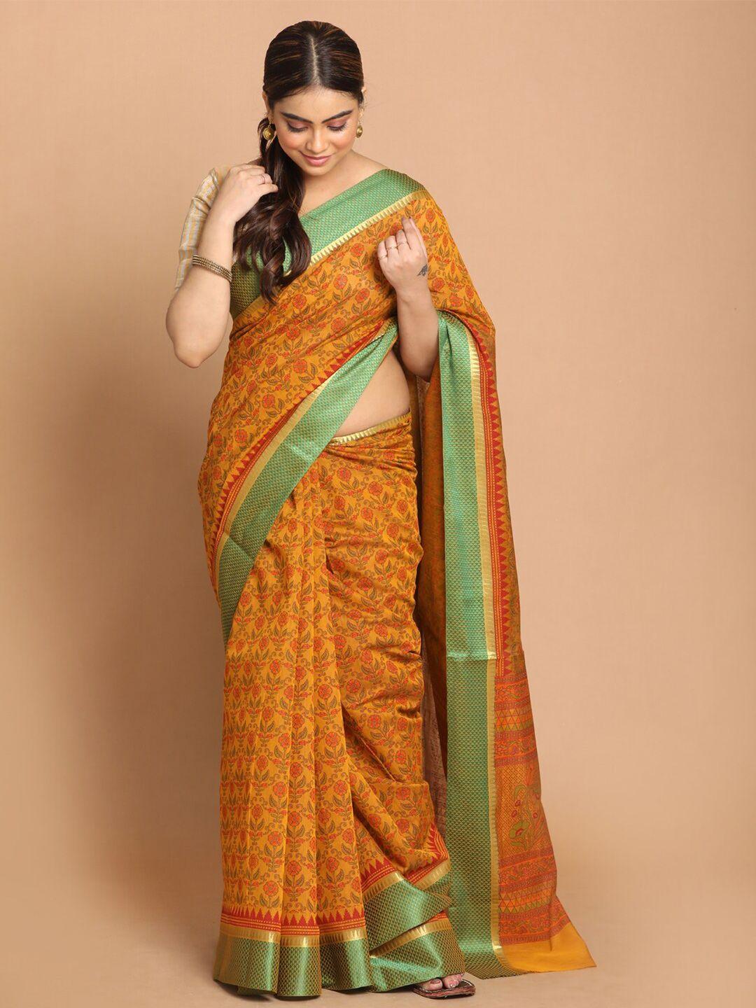 indethnic yellow & red floral zari saree