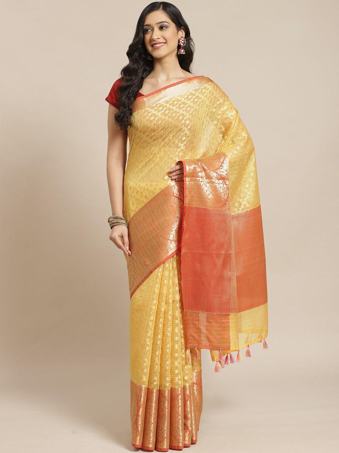 indethnic yellow & red geometric woven design liva saree