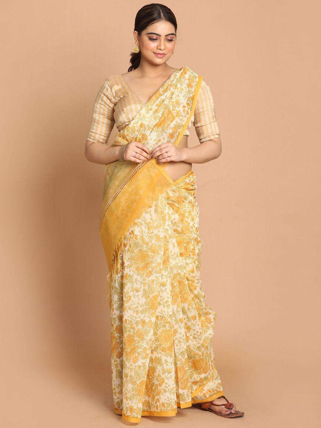 indethnic yellow & white floral printed saree