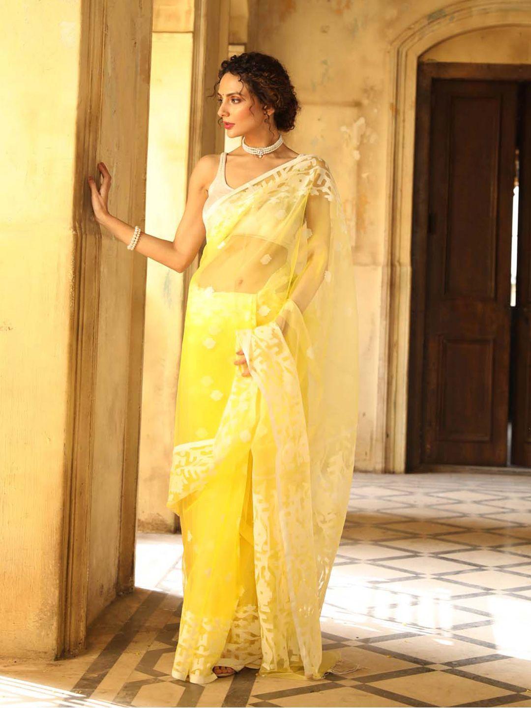 indethnic yellow & white tissue jamdani saree