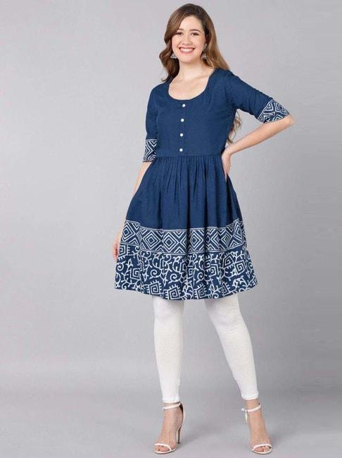indi inside blue cotton printed fit and flare kurti