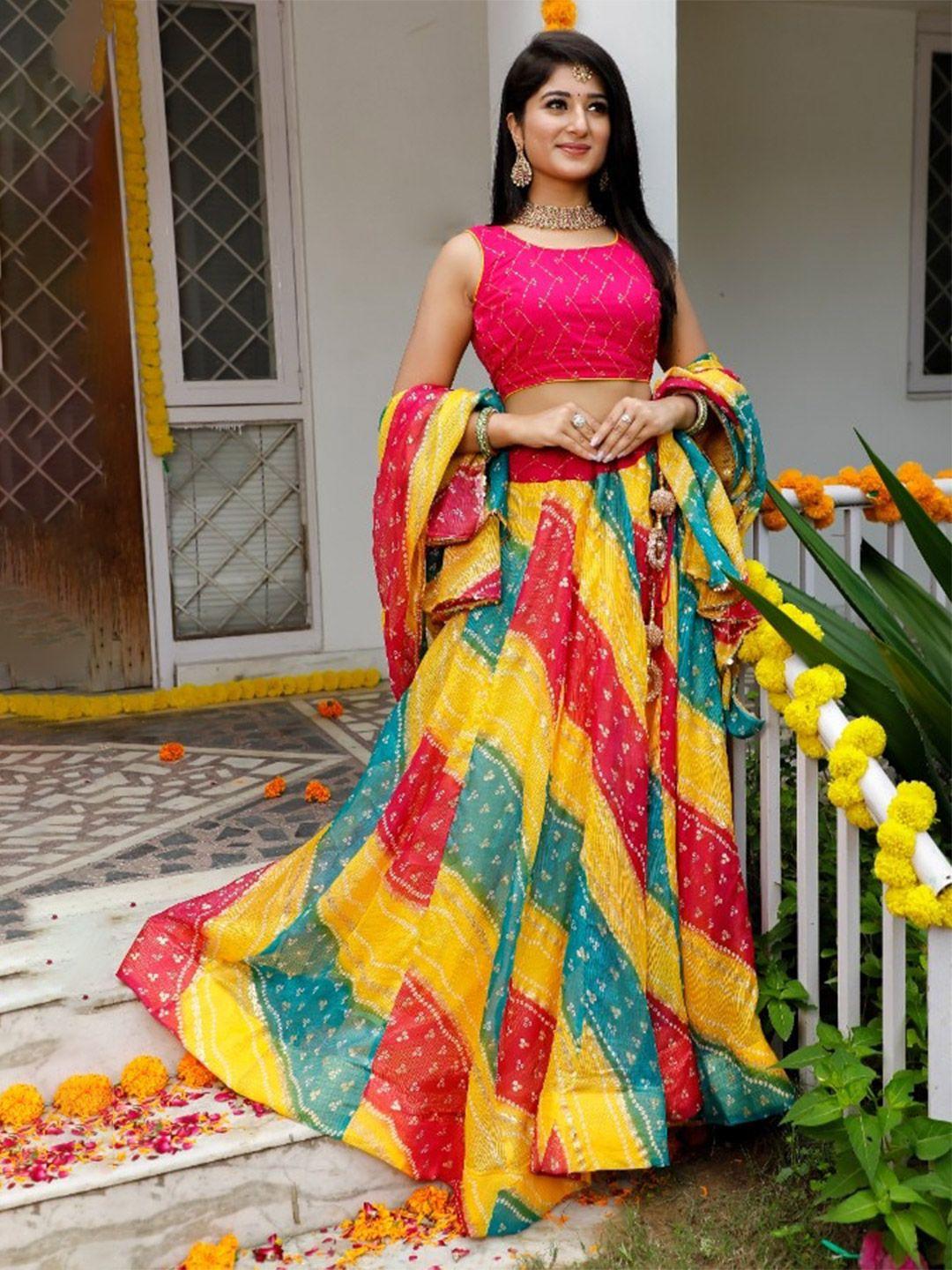 indi inside embroidered foil print ready to wear lehenga & unstitched blouse with dupatta
