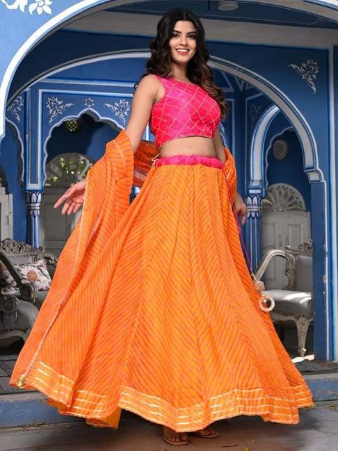 indi inside orange printed unstitched lehenga choli set with dupatta