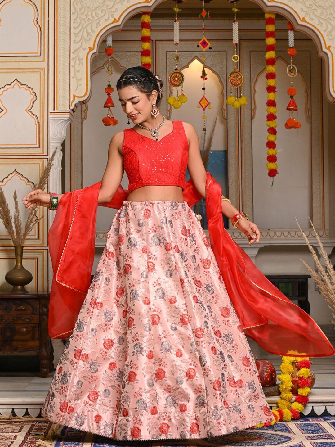 indi inside red embroidered thread work foil print ready to wear lehenga & unstitched blouse with dupatta