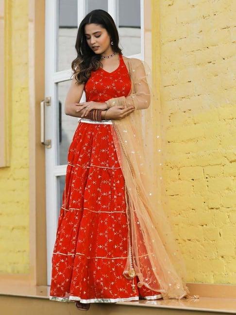 indi inside red printed unstitched lehenga choli set with dupatta